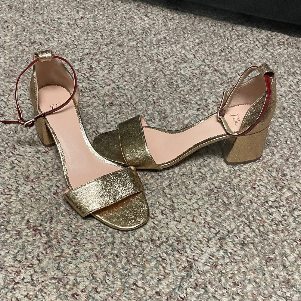 J. Crew Metallic Gold Block Heel Sandals with ankle strap